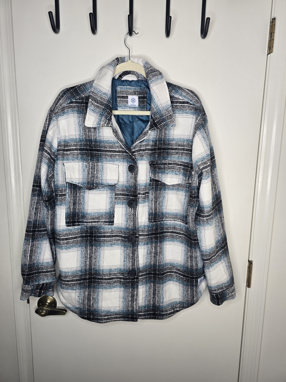 Hurley Plaid Utility Shacket in White, Black & Teal